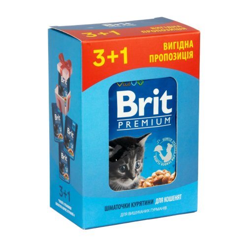 Набір паучів "3+1" для кошенят Brit Premium Cat pouch Chicken Chunks for Kitten з куркою - 100 г