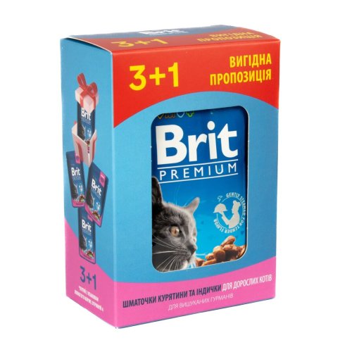 Набір паучів "3+1" для котів Brit Premium Cat pouch Chicken & Turkey з куркою та індичкою - 100 г